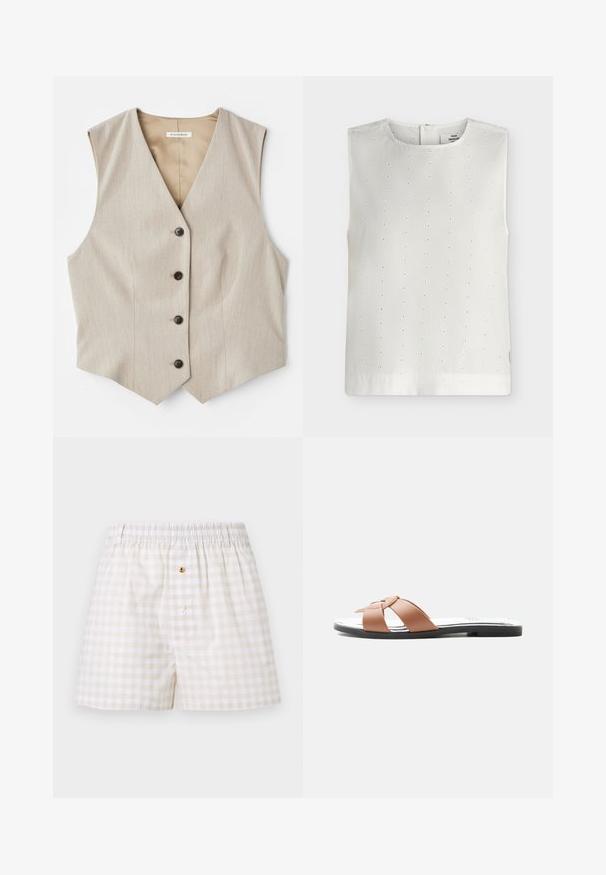 Beige vest med et tekstureret stof, v-halsudskæring og fem mørke knapper. Har en lige skårne kant og ingen ærmer for et skræddersyet udseende.; Ærmeløs hvid bluse med små broderede øjehuller i lodrette linjer og rund halsudskæring, vist på en ensfarvet baggrund.; Herre beige og hvide gingham boxershorts med elastisk taljebånd og to knapper på den forreste lynlås.; Flad slip-on sandal med lysebrune brede krydsede stropper og en sort sål på hvid baggrund.