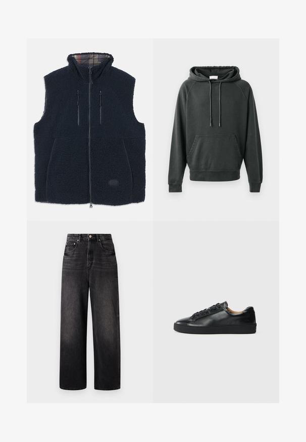 Chaleco de forro polar azul marino con un exterior suave y texturizado, cierre frontal completo, dos bolsillos con cremallera y un forro a cuadros en el cuello. Parche de logo en la parte frontal.; CLOSED Jersey con capucha - black; Jeans de mezclilla negra con un corte holgado, cintura alta, cinco bolsillos y un cierre de botón visible. Presenta un desvanecimiento sutil y un diseño de pierna recta.; Zapatilla negra de cuero con una textura suave, puntera redonda y cierre de cordones. Presenta una suela de goma gruesa y un detalle de marca mínimo.
