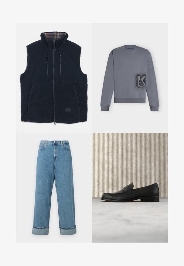 Marineblå fleecevest med en blød, tekstureret overflade, fuld lynlås på forsiden, to lynlåslommer og et ternet fôr i kraven. Logo patch på forsiden.; Grå langærmet crewneck-sweatshirt med sort plettet "K"-logo og profilsilhuet nederst til højre foran.; Højtaljede blå denim jeans med bredde ben og optrillede bukseender, der har forlommer og bæltestropper.; Sort lædersko i loafer-stil svæver over et beige tæppe med et blankt brunt rundt bord i baggrunden.