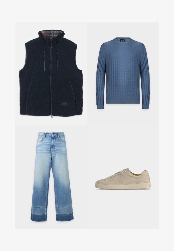 Marineblå fleecevest med en blød, tekstureret overflade, fuld lynlås på forsiden, to lynlåslommer og et ternet fôr i kraven. Logo patch på forsiden.; Blå kabelstrikket crewneck sweater med lange ærmer og ribstrikkede kanter ved ærmer, hals og bund, vist på en ensfarvet baggrund.; Vidde, lyseblå denimjeans med falmede detaljer og mørkere farveblokke nær kanten, foran knap og synlige lommer.; Beige ruskind lavtop sneaker med snørelukning og tyk gummisål, vist fra siden på en ensfarvet hvid baggrund.