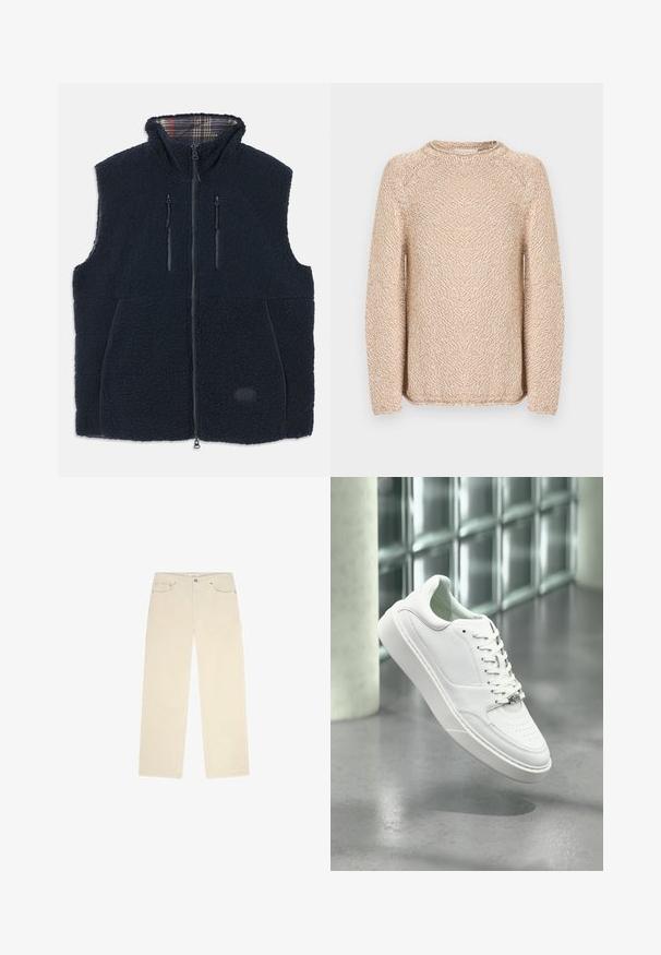 Marineblå fleecevest med en blød, tekstureret overflade, fuld lynlås på forsiden, to lynlåslommer og et ternet fôr i kraven. Logo patch på forsiden.; Beige og hvid meleret strikket sweater med lange raglanærmer og rund hals, vist på hvid baggrund.; Beige fløjlsbukser med lige ben-design, der har to frontlommer og en subtil ribbet tekstur. Metalhardwaredetaljer inkluderet.; Hvid sneakers i læder med rundet snude, snørelukning foran og flad gummisål. Har perforerede detaljer og subtilt logoaccent.