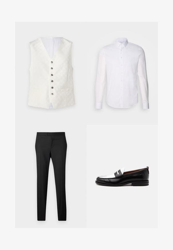 Chaleco de marfil con una sutil textura estampada, diseño con cuello en V, seis botones plateados y dos bolsillos frontales. Tejido suave con un acabado satinado.; Camisa blanca de manga larga y botones, hecha de algodón, que presenta un cuello clásico, botones en la parte delantera y un detalle de costura minimalista.; Pantalones negros ajustados de corte recto, hechos de una tela suave. Presentan un frente plano, trabillas para cinturón y sin patrones o adornos visibles.; Mocasín de cuero blanco y negro con detalles cosidos, tacón bajo y diseño tipo slip-on, mostrado de lado sobre un fondo liso.