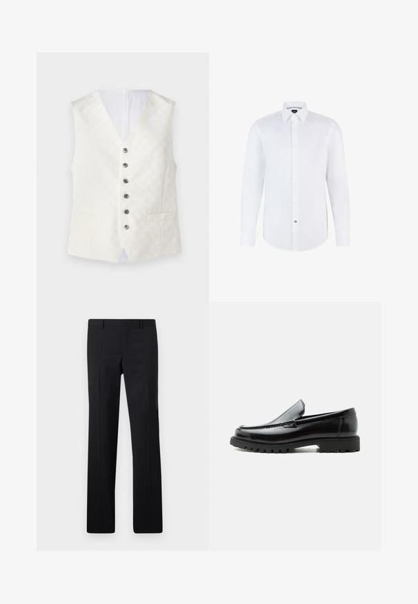 Chaleco de marfil con una sutil textura estampada, diseño con cuello en V, seis botones plateados y dos bolsillos frontales. Tejido suave con un acabado satinado.; Camisa blanca de manga larga hecha de una tela suave, con cierre de botones en la parte delantera, cuello puntiagudo y dobladillo curvado. Acento notable de botón de marca.; Pantalones negros ajustados con un diseño de pierna recta, pliegues marcados y un acabado suave. Fabricados en tejido ligero con una cintura limpia.; Mocasín de cuero negro con suela de goma gruesa, empeine cosido y nombre de la marca en relieve en el talón, mostrado en perfil lateral sobre fondo blanco.