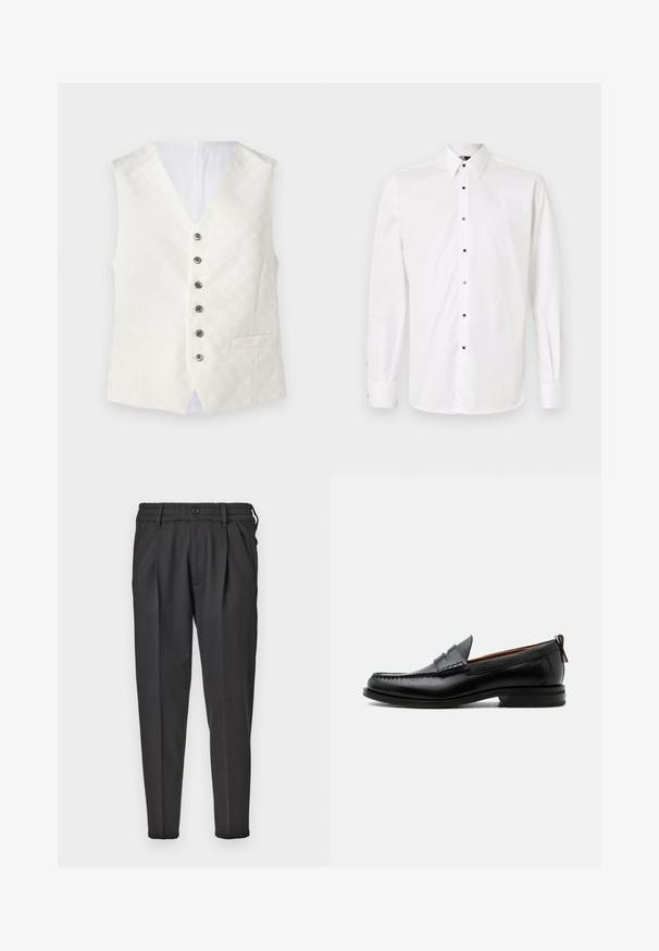 Gilet en ivoire avec une texture à motifs subtils, design en V, six boutons en argent et deux poches avant. Tissu lisse avec une finition satinée.; Chemise blanche à manches longues avec un col classique, petits boutons carrés sur le devant et poignets avec boutons de fermeture.; Pantalons noirs en tissu lisse, dotés d'un devant plissé, d'une taille élastique et de jambes droites avec un bas fuselé.; Mocassin homme en cuir noir avec couture moc toe, bride penny, col texturé et petit talon empilé sur fond blanc.