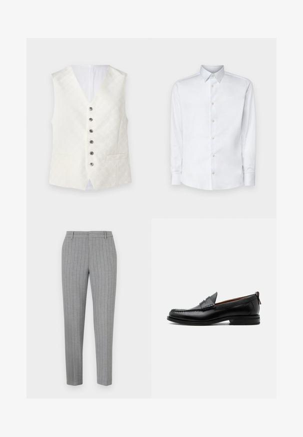 Chaleco de marfil con una sutil textura estampada, diseño con cuello en V, seis botones plateados y dos bolsillos frontales. Tejido suave con un acabado satinado.; Camisa blanca de manga larga hecha de tela suave, con un cuello clásico, tapeta de botones y puños con botones, presentada sobre un fondo liso.; Pantalones a rayas grises con un ajuste entallado, frente plano y bolsillos laterales. Fabricados con una tela suave y un brillo sutil.; Mocasín de hombre de piel negra con costura moc toe, tira penny, cuello texturizado y tacón bajo apilado sobre fondo blanco.