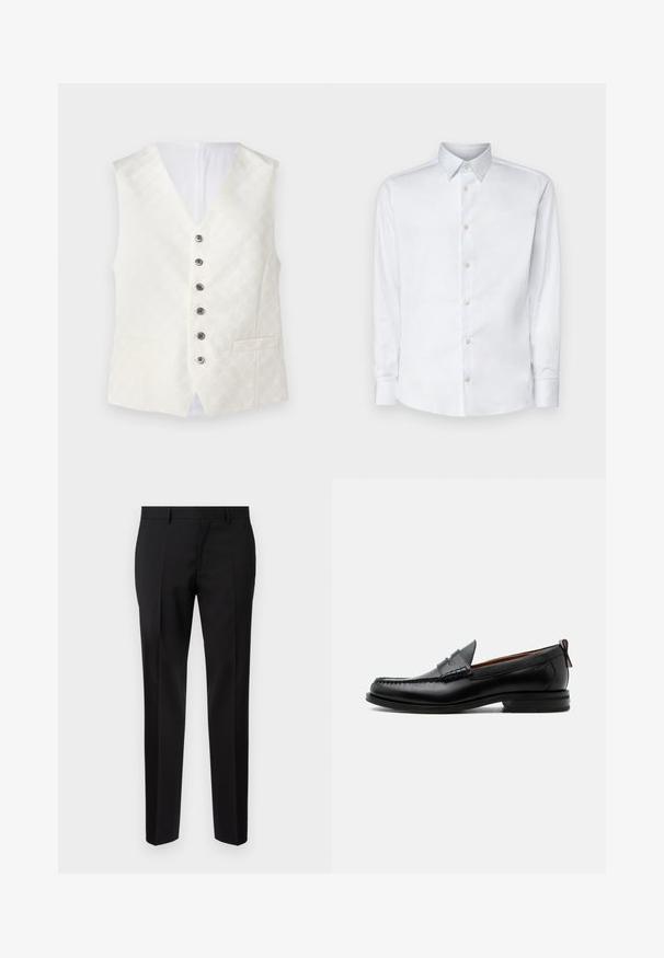 Chaleco de marfil con una sutil textura estampada, diseño con cuello en V, seis botones plateados y dos bolsillos frontales. Tejido suave con un acabado satinado.; Camisa blanca de manga larga hecha de tela suave, con un cuello clásico, tapeta de botones y puños con botones, presentada sobre un fondo liso.; Pantalones negros de corte ajustado, hechos de una tela suave, con pernera recta, detalles de pinzas refinadas y una cinturilla clásica con ojales para cinturón.; Mocasín de hombre de piel negra con costura moc toe, tira penny, cuello texturizado y tacón bajo apilado sobre fondo blanco.