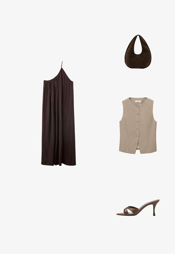 Beige mouwloze vest met verticale strepen, vijf knopen aan de voorkant, een ronde halslijn en een rechte snit. Soepele stoftextuur.; Donkerbruine maxijurk met één schouder, een dun bandje en geplooide stof bij de halslijn tegen een witte achtergrond.; Bruine mule met open teen, gekruiste bandjes en een slanke hoge hak, getoond op een witte achtergrond.; Donkerbruine suède handtas in halve maanvorm met een enkele brede riem en een gladde textuur op een witte achtergrond.