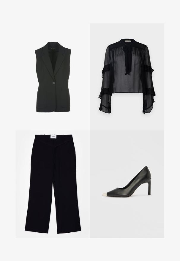 Blazer sin mangas en negro con un solo botón frontal, dos bolsillos delanteros, un corte entallado y solapas de muesca, fabricado en una tela suave.; Blusa negra transparente con mangas largas y volantes, y un lazo en el cuello. Confeccionada con tejido ligero y un corte suelto, ideal para superponer.; Pantalones de pierna ancha negros, confeccionados con una tela suave. Presentan una cinturilla plana con pasadores para cinturón y un acabado limpio en los dobladillos.; Zapato de tacón alto de cuero negro con punta en forma de pico y una tapa metálica plateada. Presenta un acabado suave y un tacón delgado de 10 cm.