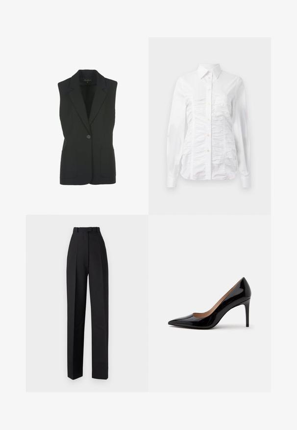 Blazer sin mangas en negro con un solo botón frontal, dos bolsillos delanteros, un corte entallado y solapas de muesca, fabricado en una tela suave.; Camisa blanca de botones con mangas largas, que presenta una textura fruncida en la parte delantera, pequeños botones dorados y un cuello estándar.; Pantalones negros de talle alto con pliegues, que presentan un diseño a medida y piernas rectas. Confeccionados con un tejido suave, con un detalle mínimo.; Zapato de charol negro de tacón alto con punta afilada y tacón de aguja, mostrado de perfil sobre un fondo blanco liso.