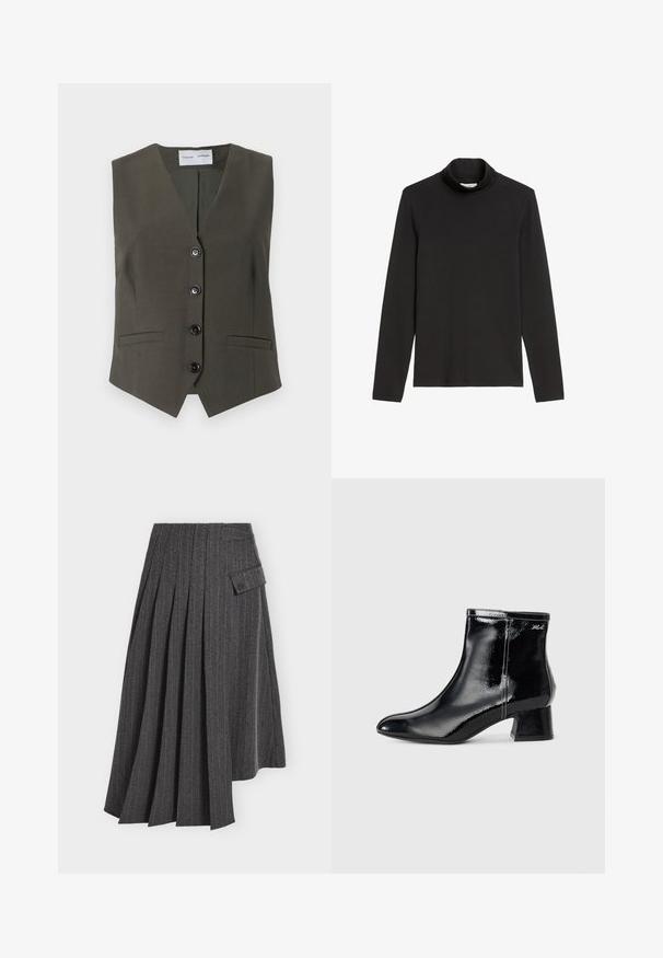 Oliven grøn ærmeløs vest lavet af tekstureret stof, med V-hals, fem sorte knapper og to forlommer.; Sort langærmet turtleneck trøje lavet af blødt stof; har en høj krave og tætsiddende design, med ingen synlige mønstre eller detaljer.; Mørkegrå plisseret nederdel med lodrette smalle striber og asymmetrisk kant med en lille lomme med klap på den ene side.; KARL LAGERFELD BONNIE - Støvletter - black