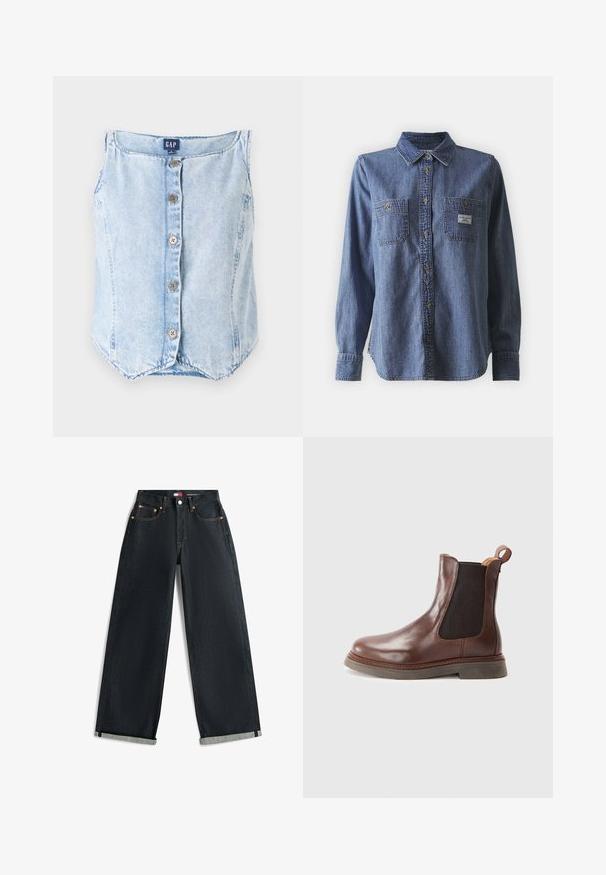 Lichtblauw denim mouwloos topje met een ronde halslijn, vijf knopen aan de voorkant en een gebogen zoom voor een relaxte pasvorm.; Blauwe denim blouse met lange mouwen, voorzien van een button-down kraag, twee borstzakken, een klassieke pasvorm en een subtiele textuur. Etiket op de linker zak.; Donkerblauwe jeans met wijde pijpen en omgeslagen zoom, vijf zakken en contrasterende oranje stiknaden op een witte achtergrond.; Bruine leren Chelsea-boot met elastische zijpanelen, ronde neus en geribbeld oppervlak. Voorzien van een trekband en een dikke, duurzame zool.