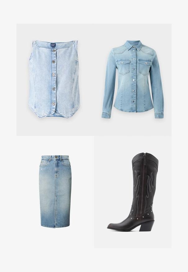 Lichtblauw denim mouwloos topje met een ronde halslijn, vijf knopen aan de voorkant en een gebogen zoom voor een relaxte pasvorm.; JDY JDYMOON SHIRT - Overhemdblouse - medium blue denim; Lichtblauwe denim kokerrok met voorliggende split, riemlussen, knoopsluiting en vijfzakkenstijl.; Bruine leren cowboylaarzen met vlamstiksels, zijrits, zilveren studs, spits toelopende neus en gestapelde hak.
