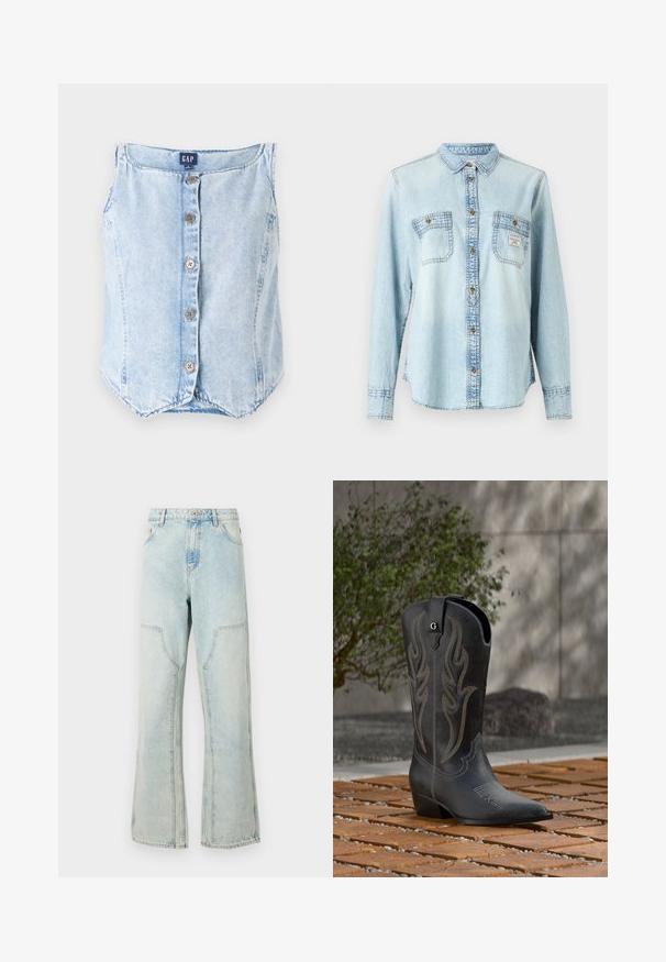 Lichtblauw denim mouwloos topje met een ronde halslijn, vijf knopen aan de voorkant en een gebogen zoom voor een relaxte pasvorm.; Lichtblauw denim overhemd met lange mouwen, knoopsluiting aan de voorkant, twee borstzakken en contrasterende stikseldetails.; Lichtblauwe denim jeans met een losse pasvorm, wijde benen en voorzakken. Voorzien van een knoopsluiting en riemlussen.; Zwarte cowboylaars met decoratieve stiksels, puntige neus en hak, staand op houten tegels met een groene struik en een betonnen muur op de achtergrond.