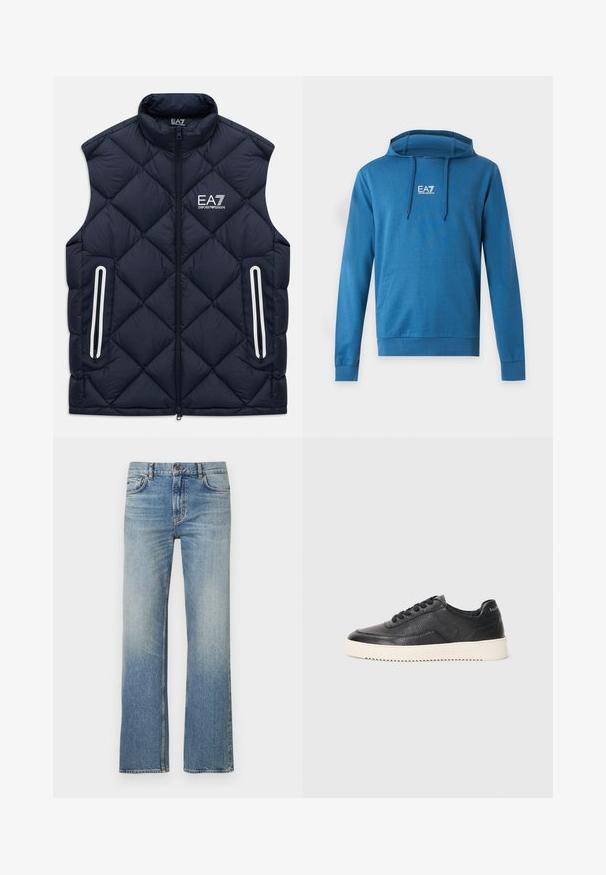 Marineblauw gewatteerd mouwloos vest met een rits aan de voorkant, ritszakken en een wit EA7 Emporio Armani-logo op de borst.; Blauwe capuchonsweater met voorzak en EA7 Emporio Armani-logo in het midden van de borst, met trekkoorden op de capuchon.; Lichtblauwe spijkerbroek met een rechte pijp, voorzien van een vervaagde finish, klassiek ontwerp met vijf zakken en contrasterende stiksels.; Zwarte leren sneaker met een gestructureerde afwerking, ronde neus en platte witte rubberen zool. Voorzien van zwarte veters en merklabel op de hiel.