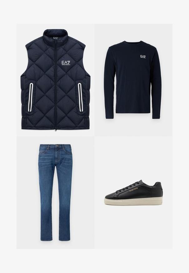 Marineblauw gewatteerd mouwloos vest met een rits aan de voorkant, ritszakken en een wit EA7 Emporio Armani-logo op de borst.; Marineblauw langemouw t-shirt van katoen, met een ronde hals en een klein wit EA7-logo op de linkerkant van de borst. Zachte textuur.; Blauwe spijkerbroek met rechtvallende pijpen, voorzien van een klassiek ontwerp met vijf zakken en een knoopsluiting. Subtiele vervaging over de stoftextuur.; Zwarte leren sneaker met een gladde afwerking, contrasterende crèmekleurige zool, ronde neus, gouden logo aan de zijkant en zes gaatjes voor veters.