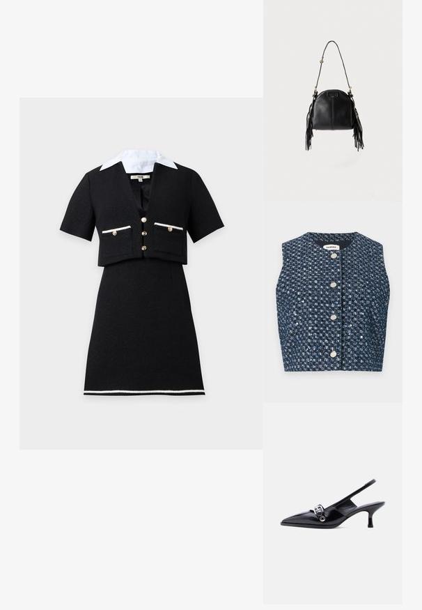 Veste sans manches en tweed bleu marine avec des paillettes argentées et quatre boutons ronds en argent sur le devant, étiquette "Sandro" à l'intérieur du col.; Robe noire à manches courtes avec veste courte boutonnée, col blanc, poches avant et bordure blanche le long de l'ourlet de la jupe.; Chaussure à talon bas en cuir verni noir avec bride arrière, bout pointu et détail boucle argentée sur fond blanc uni.; Sac à main en cuir noir avec une forme courbée, une longue bandoulière réglable et des franges de chaque côté sur un fond clair.