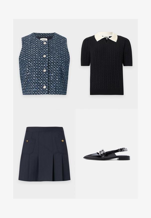 Veste sans manches en tweed bleu marine avec des paillettes argentées et quatre boutons ronds en argent sur le devant, étiquette "Sandro" à l'intérieur du col.; Haut noir en maille à manches courtes avec motif torsadé, doté d'un col pointu blanc orné de perles et d'une petite ouverture frontale avec bouton.; Jupe à rayures bleu marine foncé avec des plis à l'avant et deux poches à rabat ornées de boutons dorés de chaque côté.; Ballerine pointue en cuir verni noir avec double boucle argentée et talon slingback sur fond blanc.