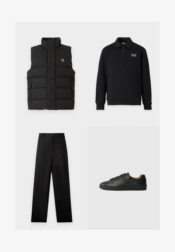 Chaleco acolchado negro con un alto cuello, bolsillos con cremallera en la parte frontal y un parche con el logo de la marca en el pecho. Textura acolchada en todo el chaleco.; Jersey negro de manga larga con cremallera corta en la parte delantera, puños acanalados y logo EA7 Emporio Armani en el pecho izquierdo y etiqueta en el cuello.; Pantalones negros de algodón con un diseño de pierna recta, que cuentan con un cierre frontal de botón y bolsillos laterales. Textura lisa, sin patrones.; Zapatilla negra de cuero de caña baja con superficie texturizada, cordones negros y suela de goma gruesa, mostrada de lado sobre un fondo claro.