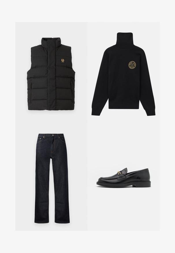 Sort puffer vest med høj krave, frontlomme med lynlås og et mærkeflag på brystet. Kviltet tekstur gennem hele vesten.; Sort turtleneck sweater lavet af ribbet stof, med et fremtrædende guld cirkulært logo på venstre brystområde, og lange ærmer.; Mørkeblå denim jeans med lige ben-design, fem lommer og orange stikninger. Metalknap og lynlåslukning.; Sorte læder loafers med en rund tå, der har guld hardware accent og syningsdetaljer, placeret på en lav, tekstureret gummisål.