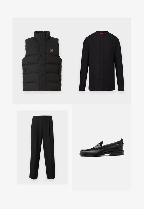 Sort puffer vest med høj krave, frontlomme med lynlås og et mærkeflag på brystet. Kviltet tekstur gennem hele vesten.; Sort langærmet skjorte med mandarinkrave og skjult knaplukning, vist på hvid baggrund.; Sorte skræddersyede bukser med lige ben, plisseringer ved taljen, bæltestropper og sidelommer med slidser, vist på en enkel baggrund.; Sort læderloafer med grå remdetalje, lav hæl og tekstureret sål, mærket med "HUGO" i guld på siden.