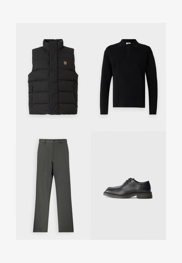 Chaleco acolchado negro con un alto cuello, bolsillos con cremallera en la parte frontal y un parche con el logo de la marca en el pecho. Textura acolchada en todo el chaleco.; Polo negro de manga larga hecho de material suave, con cuello, tapeta de tres botones y un pequeño bolsillo en el pecho.; Pantalones de color gris oscuro, confeccionados en una tela suave, con un diseño de pierna recta, cierre de botón y pasadores para cinturón. Sin patrones ni acentos visibles.; Zapato de cuero negro con textura suave, punta redonda y costura grabada poco profunda. Suela de goma gruesa con un ligero tacón y patrón de agarre.