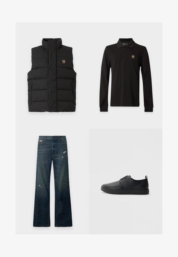 Sort puffer vest med høj krave, frontlomme med lynlås og et mærkeflag på brystet. Kviltet tekstur gennem hele vesten.; Sort langærmet poloshirt med krave, to-knap lukning, ribstrikkede manchetter og et lille gult logo på venstre bryst.; Bredde ben, mørk denimjeans med lys falmning og slidte områder. Har knaplukning og klassisk fem-lomme-design.; Sorte lædersneakers med en glat finish, rund tå, tonalt syning, snøring foran og en flad gummisål. Løkke ved hælen.