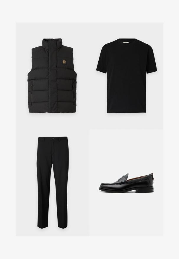 Chaleco acolchado negro con un alto cuello, bolsillos con cremallera en la parte frontal y un parche con el logo de la marca en el pecho. Textura acolchada en todo el chaleco.; Camiseta negra de manga corta hecha de algodón con un cuello redondo y un corte holgado. Textura suave, sin patrones ni logotipos visibles.; Pantalones de traje negros con frente plano, cintura estándar y piernas rectas. Hechos de una tela suave, con un cierre de botón único.; Mocasín de hombre de piel negra con costura moc toe, tira penny, cuello texturizado y tacón bajo apilado sobre fondo blanco.