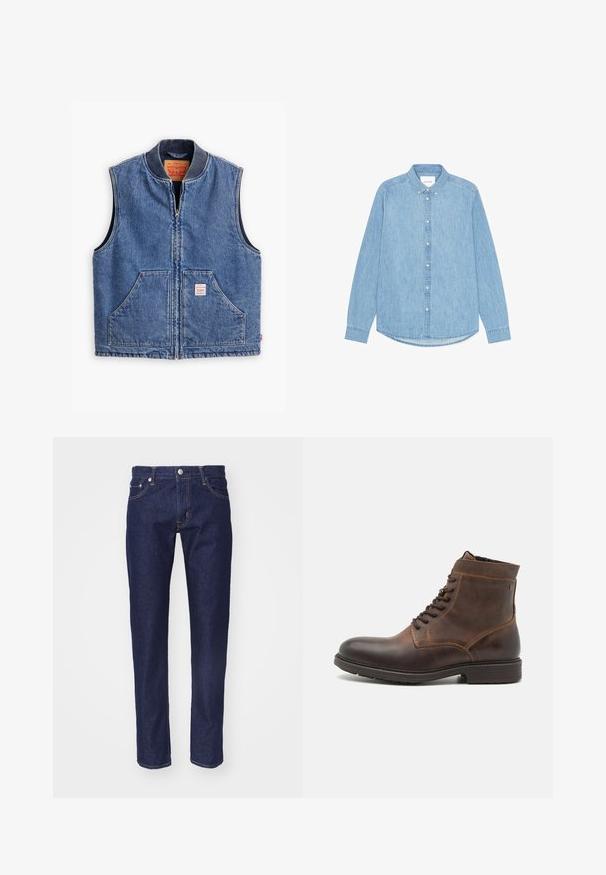 Denim vest, millekõhuiga, kahe esiosa taskuga ja sildiga. Omab klassikalist sinist pesu ja struktureeritud disaini.; Hele sinine teksapluus pika varruka, terava krae ja ümarate servadega. Esiküljel nööpidega kinnine ning väikese logodega detail.; Tumedate sinise denimist püksid sirge lõikega, viie taskuga disain, kontrastsete oranžide õmblustega ja hõbedase nööpkinniotmisega vööl.; Jack & Jones JFWDELANEY BOOT - Nööritavad poolsaapad - cognac