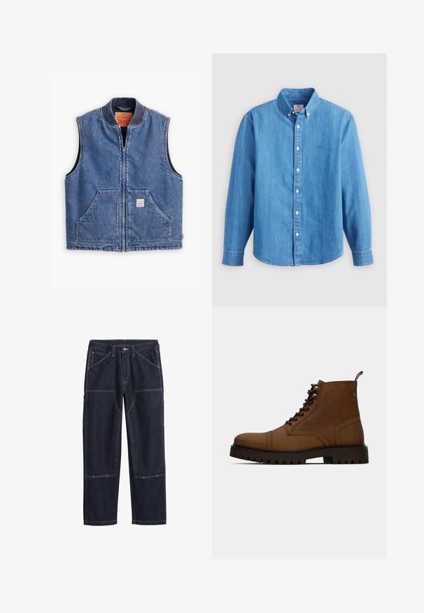Denimvest med lynlås fortil, ribbet krave, to forlommer og et mærke. Har en klassisk blå vask og en struktureret design.; Lyseblå denimskjorte med lange ærmer, knap-ned krave og hvide knapper. Har et lille broderet logo på brystet.; Mørkeblå denimbukser med dobbeltsyede sømme, knap foran, bæltestropper og flere forstærkede lappe-lommer på benene.; Brun læder snørefri ankelstøvle med tyk sort sål og hængslet på en hvid baggrund.