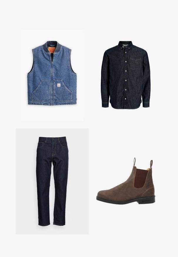 Denimvest med lynlås fortil, ribbet krave, to forlommer og et mærke. Har en klassisk blå vask og en struktureret design.; Mørkeblå denimskjorte med lange ærmer, knaplukket krave, knapper foran og en enkelt brystlomme med kontrastsyning.; Mørkeblå denimjeans med lige pasform, fem lommer og kontrasterende gul syning. Designet med en klassisk knap- og lynlåslukning.; Brune læder ankelstøvle med elastiske sidelapper, rund tå og sort gummisål. Subtile tekstur- og syningsdetaljer.