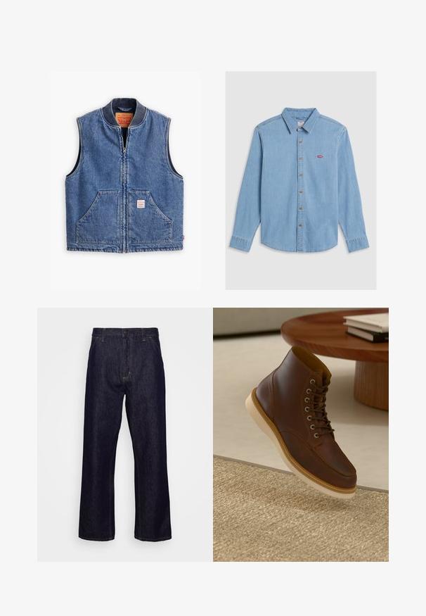 Denim vest, millekõhuiga, kahe esiosa taskuga ja sildiga. Omab klassikalist sinist pesu ja struktureeritud disaini.; Heledad sinine teksasärk pikkade varrukatega, nööbid ees ja terava kraega. Omab pruune nuppe ja väikest punast logopatch'i.; Tumedat sinised sirgedee ääristatud teksapüksid, millel on esikotid, vöökoharihmade aasad, lukuga ja nööbiga sulgumine, esitatud lihtsal valgel taustal.; Pruun nahkane pahkluu saabas beeži tallaga tekstuurse beeži vaiba peal, ümmarguse puust laua kõrval, mille peal on kokku pandud raamatud.