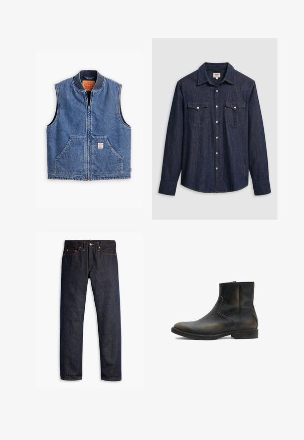 Denimvest med lynlås fortil, ribbet krave, to forlommer og et mærke. Har en klassisk blå vask og en struktureret design.; Mørkeblå denimskjorte med spids krave, trykknapper og brystlommer. Har syningsdetaljer og lange ærmer.; Mørkeblå denimjeans med lige pasform, fem-lomme design, kobbernitter, gul syning og et markant struktureret stof.; AllSaints LANG - Støvletter - brown