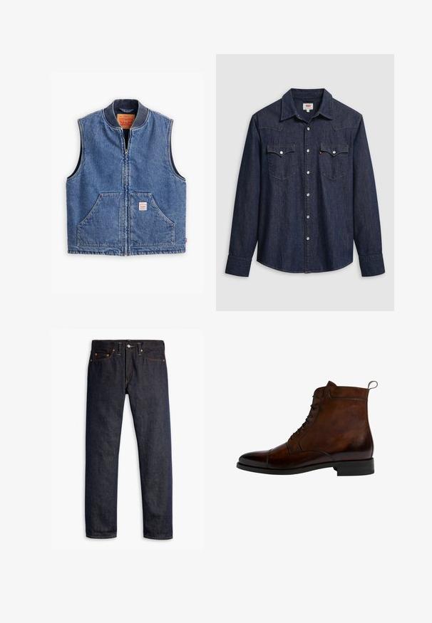 Denimvest med lynlås fortil, ribbet krave, to forlommer og et mærke. Har en klassisk blå vask og en struktureret design.; Mørkeblå denimskjorte med spids krave, trykknapper og brystlommer. Har syningsdetaljer og lange ærmer.; Mørkeblå denimjeans med lige pasform, fem-lomme design, kobbernitter, gul syning og et markant struktureret stof.; Scarosso Snørestøvletter - chestnut calf