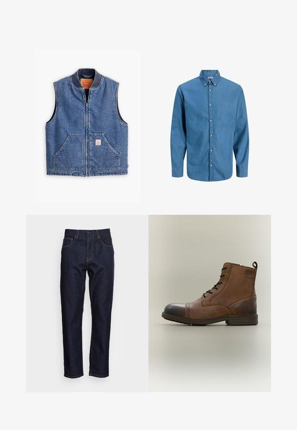 Denim vest, millekõhuiga, kahe esiosa taskuga ja sildiga. Omab klassikalist sinist pesu ja struktureeritud disaini.; Sinine nööbiga särk, mis on valmistatud denimist, väljas on krae ja pikkade varrukatega. Üksluisest tekstuurist, ees on nähtavad nööbid.; Tumed sinine teksariidest püksid otse lõikega, viie taskuga ja kontrastset kollast õmblust. Klassikalise nööbi ja luku sulgemisega.; Pruun nahast paeltega anklasaabas musta varbakatte, ümarate tallade ja küljele trükitud kaubamärgiga, tavalise tausta vastu.