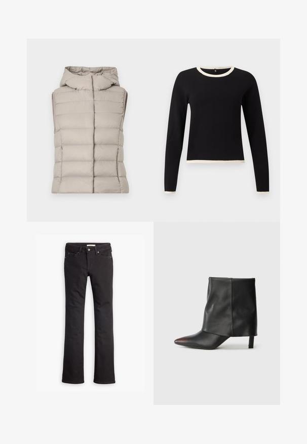 Veste sans manches matelassée beige avec capuche, présentant des coutures horizontales matelassées, des poches latérales zippées et une finition lisse et mate.; Pull noir à manches longues avec bordure blanche au niveau du col rond, des poignets et de l'ourlet, présenté à plat sur un fond clair uni.; Jean noir en denim, avec une coupe droite, taille standard, cinq poches et des détails de couture subtils.; Bottine noire en cuir lisse avec un bout pointu et un talon effilé. La tige présente un design légèrement froncé.