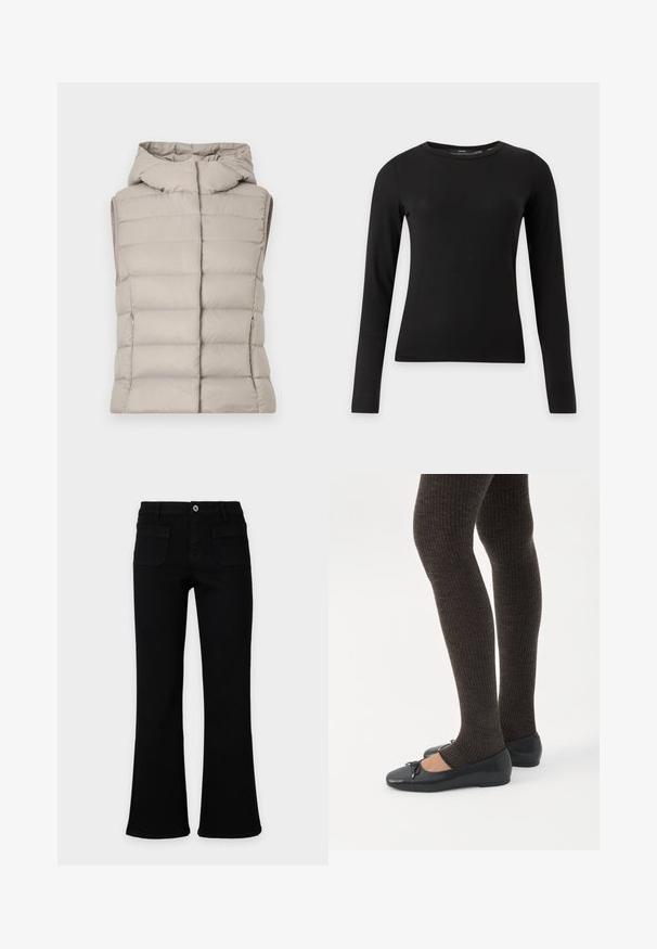 Veste sans manches matelassée beige avec capuche, présentant des coutures horizontales matelassées, des poches latérales zippées et une finition lisse et mate.; Chemise noire ajustée à manches longues avec col rond, présentée sur un fond clair uni.; Jean noir évasé avec poches avant, passants de ceinture et fermeture à bouton, présenté sur un fond clair uni. Aucun marquage visible.; Jambes portant des leggings côtelés foncés associés à des ballerines noires avec de petits détails en nœud sur fond blanc.