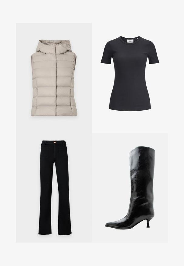 Veste sans manches matelassée beige avec capuche, présentant des coutures horizontales matelassées, des poches latérales zippées et une finition lisse et mate.; T-shirt noir à manches courtes côtelé avec un col rond. Fabriqué en tissu doux et extensible, présentant une texture subtile et une silhouette ajustée.; Jean droit noir taille haute avec poches avant plaquées et fermeture à bouton en cuivre sur un fond neutre.; Botte en cuir noire brillante, haute jusqu'au genou, avec bout pointu et talon bas courbé sur un fond clair uni.