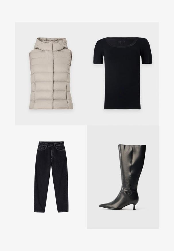 Veste sans manches matelassée beige avec capuche, présentant des coutures horizontales matelassées, des poches latérales zippées et une finition lisse et mate.; T-shirt noir à manches courtes en coton doux. Présente un col large et une coupe ajustée avec une texture lisse et sans motifs visibles.; Jean noir taille haute à jambe droite avec bouton frontal, fermeture éclair, passants de ceinture et cinq poches, présenté sur un fond blanc.; Botte en cuir noire montant jusqu'au genou, avec un bout pointu et un petit talon bas, présentée sur un fond clair uni.