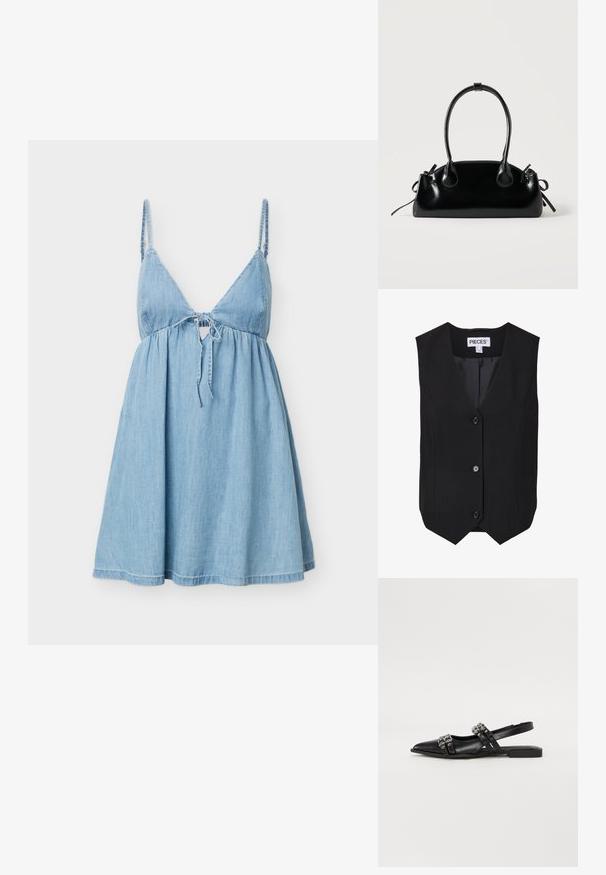 Gilet noir sans manches, à boutons, col en V, trois boutons, ourlet avant en pointe, et une étiquette portant la mention « "Pieces" » à l'intérieur du col.; Robe en denim bleu clair sans manches avec fines bretelles et détail noué à l'avant, dotée d'un corsage ajusté et d'une jupe évasée.; Even&Odd by Zalando Ballerines à brides arrière - black; Petit sac à main noir brillant avec deux longues anses et des détails à cordon sur les côtés sur un fond clair uni.