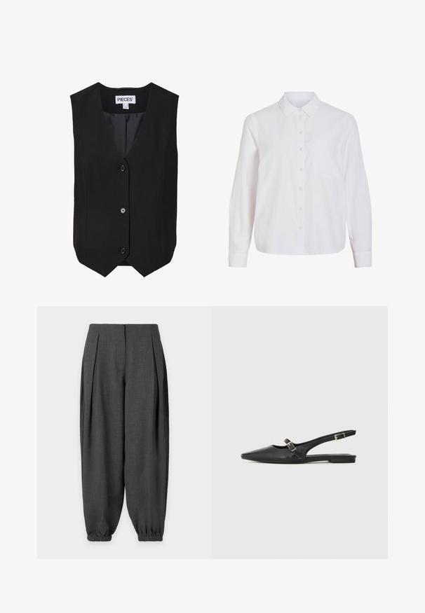 Gilet noir sans manches, à boutons, col en V, trois boutons, ourlet avant en pointe, et une étiquette portant la mention « "Pieces" » à l'intérieur du col.; Chemise blanche à manches longues, boutonnage frontal, col classique, poche poitrine unique, confectionnée dans un tissu lisse et léger avec une coupe décontractée.; Pantalon ample gris foncé avec plis à l'avant et poignets élastiques aux chevilles sur fond uni.; Chaussures slingback en cuir noir avec un bout pointu, comprenant une lanière étroite et un accent de boucle argentée sur le côté. Semelle plate.