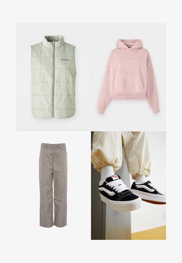 Chaleco sin mangas de color verde claro con un cuello alto, textura acolchada, costuras verticales y una cremallera frontal. Cuenta con un pequeño logo en el pecho.; Sudadera corta rosa hecha de tejido suave, con un bolsillo frontal, puños acanalados y capucha con cordón. Pequeño logo bordado en el pecho.; Pantalones caqui de mezcla de algodón, con un diseño de pierna recta, parte delantera plana y una textura suave, que incluye dos bolsillos frontales.; Persona que lleva zapatillas Vans negras y blancas con cordones blancos, calcetines blancos y pantalones beige con puños elásticos.
