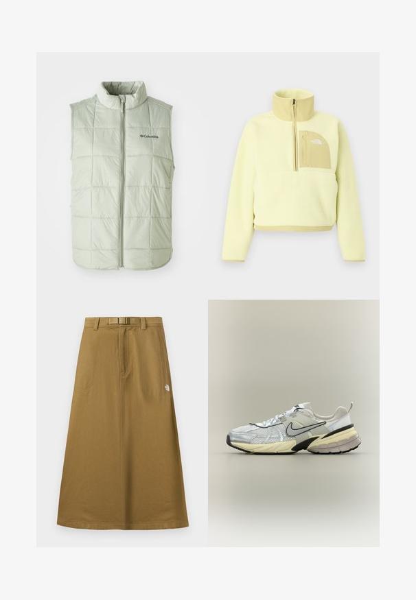 Chaleco sin mangas de color verde claro con un cuello alto, textura acolchada, costuras verticales y una cremallera frontal. Cuenta con un pequeño logo en el pecho.; Sudadera de forro polar amarillo claro con media cremallera, cuello alto y bolsillo en el pecho beige con el logo de The North Face.; Falda exterior larga y marrón claro con bolsillos frontales, cinturón integrado y logo de The North Face en el lado derecho.; Zapatilla Nike blanca y gris con parte superior de malla, logo swoosh negro, entresuela beige y suela negra sobre un fondo claro.