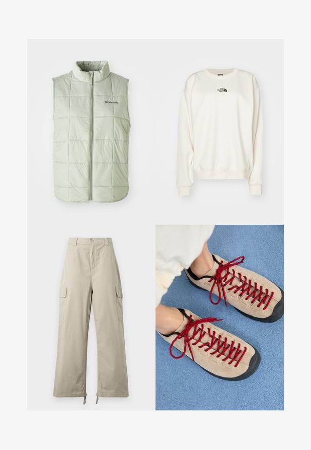 Chaleco sin mangas de color verde claro con un cuello alto, textura acolchada, costuras verticales y una cremallera frontal. Cuenta con un pequeño logo en el pecho.; The North Face ESSENTIAL OVERSIZE CREW - Sudadera - white dune; Pantalones cargo de color beige claro con un ajuste relajado, que cuentan con cierre de botón, bolsillos laterales y dobladillo ajustable con cordones. Textura de tela suave.; Zapatos beiges con cordones rojos, colocados sobre una superficie texturizada azul, que revelan parcialmente el tobillo de una persona. Los zapatos tienen un diseño deportivo.