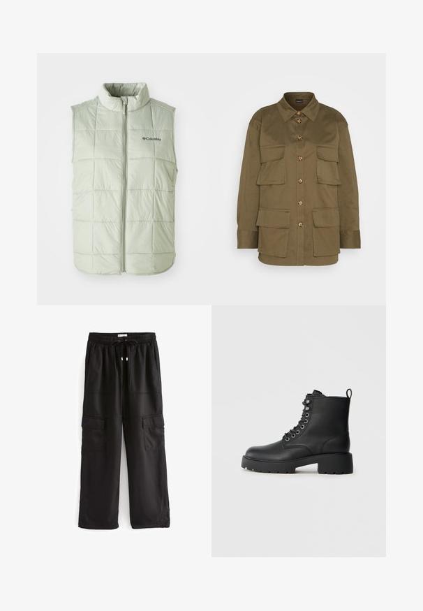Hellgrüne ärmellose Weste mit hohem Kragen, gepolstertem Material, vertikalen Nähten und einem Reißverschluss vorne. Über dem Brustbereich ist ein kleines Logo angebracht.; Gina Tricot CARGO SHIRT - Hemdbluse - khaki green; Schwarze Cargo-Hose mit elastischem Bund, Kordelzugverschluss und mehreren Fronttaschen. Hergestellt aus strapazierfähigem, glattem Stoff.; Schwarze Lederstiefeletten mit runder Zehenpartie, Schnürung und einer robusten, strukturierten Sohle. Mit einer Zuglasche an der Rückseite.