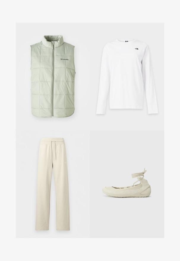Gilet sans manches vert clair avec un col montant, texture matelassée, coutures verticales et fermeture éclair à l'avant. Présente un petit logo sur la poitrine.; T-shirt blanc à manches longues avec col rond et petit logo noir The North Face sur le côté gauche de la poitrine.; Pantalon de jogging beige à jambes larges avec taille côtelée à cordon et logo subtil sur la cuisse droite, présenté sur un fond uni.; Ballerines beige clair avec un bout arrondi, une bride à lacets à la cheville, une surface texturée et un design de semelle flexible. Convient pour un usage décontracté.