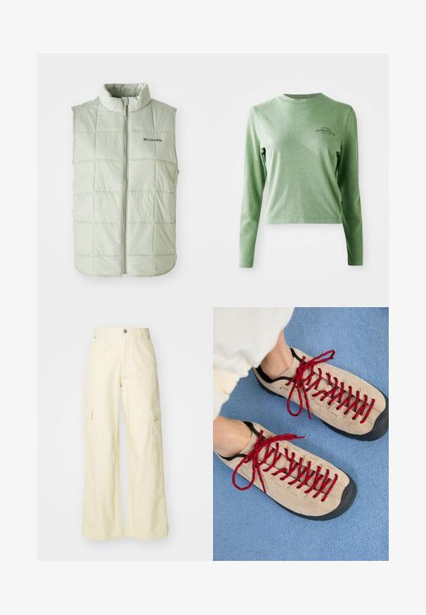 Lichtgroene mouwloze vest met een hoge kraag, gewatteerde textuur, verticale stiksels en een front-rits. Bevat een klein logo op de borst.; Lichtgroene longsleeve t-shirt van zacht katoen, met een ronde hals en een klein bedrukt logo aan de bovenlinkerzijde.; Brede cargobroek van lichtgele katoen. Voorzien van twee zijzakken en een knoopsluiting. Glad textuur met een relaxte pasvorm.; Beige schoenen met rode veters, geplaatst op een blauwe, gestructureerde ondergrond, onthullen gedeeltelijk de enkel van een persoon. De schoenen hebben een sportief ontwerp.