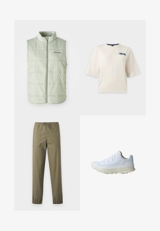 Chaleco sin mangas de color verde claro con un cuello alto, textura acolchada, costuras verticales y una cremallera frontal. Cuenta con un pequeño logo en el pecho.; Camiseta blanca de manga corta con un pequeño logo azul de The North Face en la parte superior izquierda del pecho.; Pantalones verde oliva hechos de una tela suave con cintura elástica, cordón ajustable y puños elásticos en los tobillos.; Zapato deportivo blanco con parte superior de malla y sintético, suela texturizada, puntera redondeada y cordones planos. Presenta detalles en gris claro y una marca.
