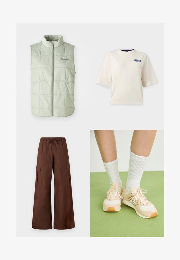 Lichtgroene mouwloze vest met een hoge kraag, gewatteerde textuur, verticale stiksels en een front-rits. Bevat een klein logo op de borst.; Wit T-shirt met korte mouwen met een klein blauw The North Face-logo op de bovenste linkerborst.; Bruine wijde cargobroek met een elastische tailleband, trekkoord, zijflappenzakken en drukknoopdetails bij de pijpzomen.; Licht perzikkleurige sportschoenen met witte mesh accenten en beige veters. Draagt met geribbelde witte sokken, tegen een groene achtergrond.