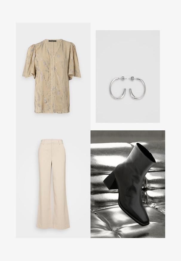 Bežinis viršus su trumpomis, pūstomis rankovėmis, turintis V formos iškirpę ir blizgantį sidabrinį bangų raštą visame paviršiuje, pagamintas iš lengvos medžiagos.; Bežiniai plačios kojos kelnes su lygiu paviršiumi, turinčios aukštą liemenį ir dvi priekinės kišenes. Švarus dizainas su pritaikytu siluetu.; Juodos kulkšnies botai, pagaminti iš blizgaus medžiagos, su kvadratine padu ir siauru kulnu, prieš blizgiai sidabrinį pūsto audinio foną.; Sidabrinės auskarai žiedai su lygiu, blizgiu paviršiumi. Suapvalinta forma, lengvas dizainas, su uždarymu ant smeigtuko.