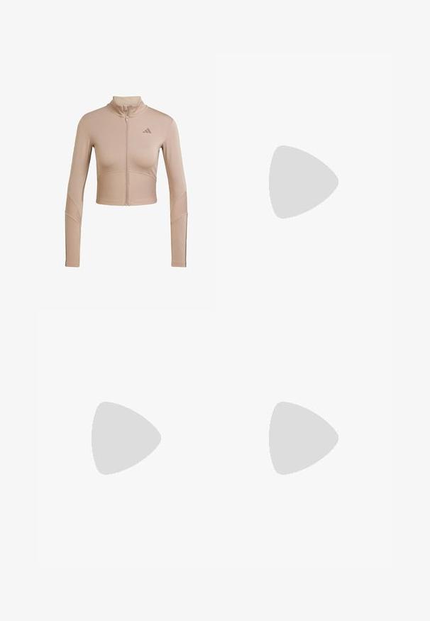 Béžová sportovní crop bunda s vysokým límcem, plným zipem, vroubkovanou texturou na rukávech a dolním lemu, s malým logem na hrudi.; Bílé crop top vyrobené z měkkého materiálu, s kulatým výstřihem a černým logem Adidas na přední straně. Hladká textura, bez rukávů.; Hnědé sportovní šortky s hladkou texturou, vysokým pasem a kontrastními tmavými švy. Na levé straně se nachází malé černé logo.; Béžová sportovní obuv s růžovým logem tří pruhů, texturovaným síťovaným svrškem, polstrovaným límcem a bílou gumovou podešví, s označením "LIGHTSTRIKE".